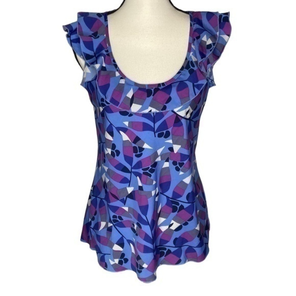 Banana Republic Top Blue and Purple Pattern Ruffle Trim Neck Cap Sleeve Size S